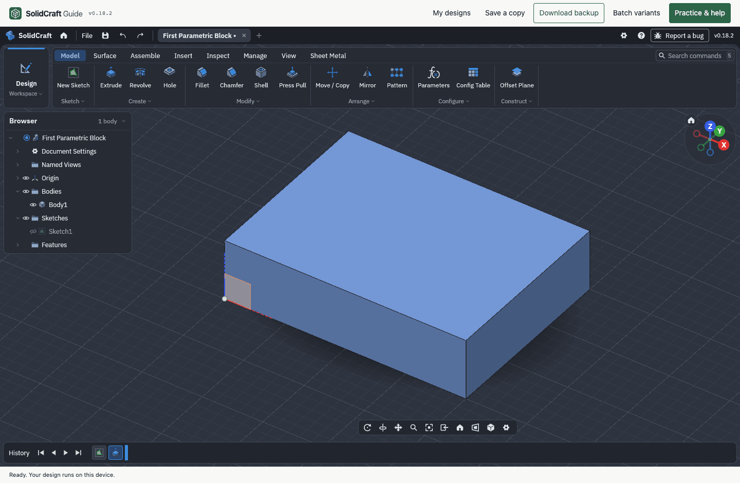 Ursprünglicher parametrischer Quader mit 40 mal 30 mal 10 Millimetern im SolidCraft-CAD-Editor