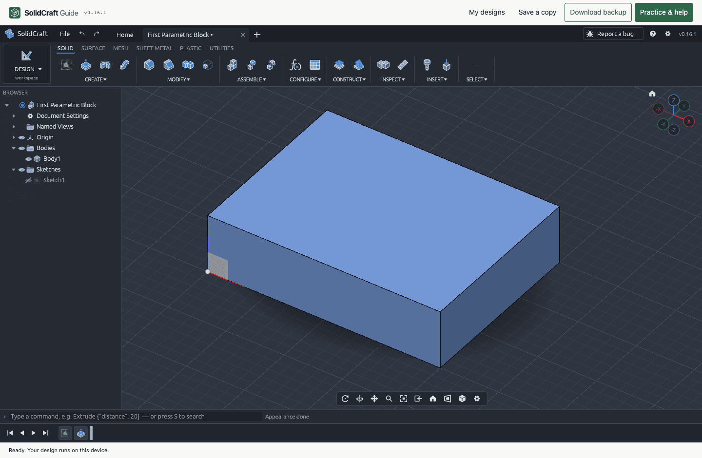 Original 40 by 30 by 10 millimetre parametric block in the SolidCraft CAD editor